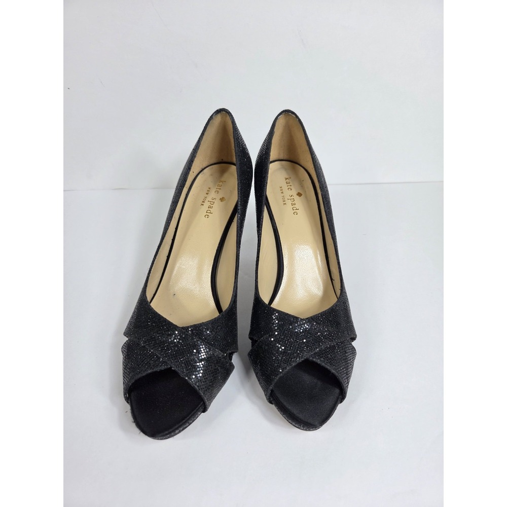 Kate Spade Billie Women 7.5 Open Peep Toe Black Glitter Sparkle Heels Shoes 3.5
